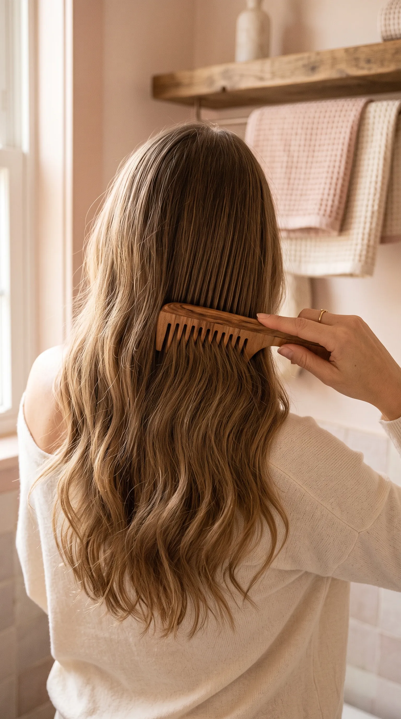 Long, softly wavy hair seen from behind as a wooden comb runs through it
